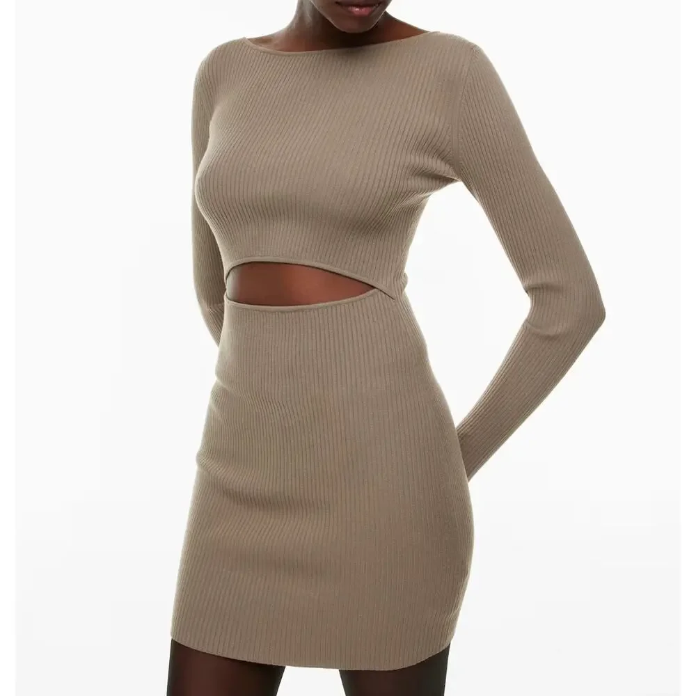 Wilfred Aritzia Women's Cutout Knit Longsleeve Mini Dress Nomad Taupe Size S